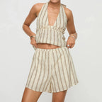 Striped Loungewear Set With Tie Up Halter Top And Elastic Waist Shorts