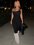 One Shoulder Backless Jumpsuit With Lace Up Detail