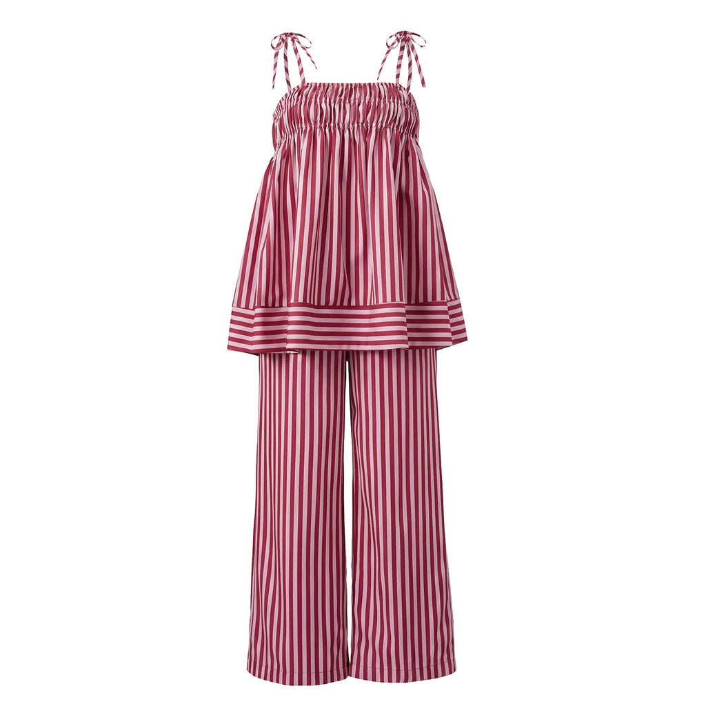 Striped Two Piece Pajama Set With Tie Shoulder Tank Top And Straight Pants