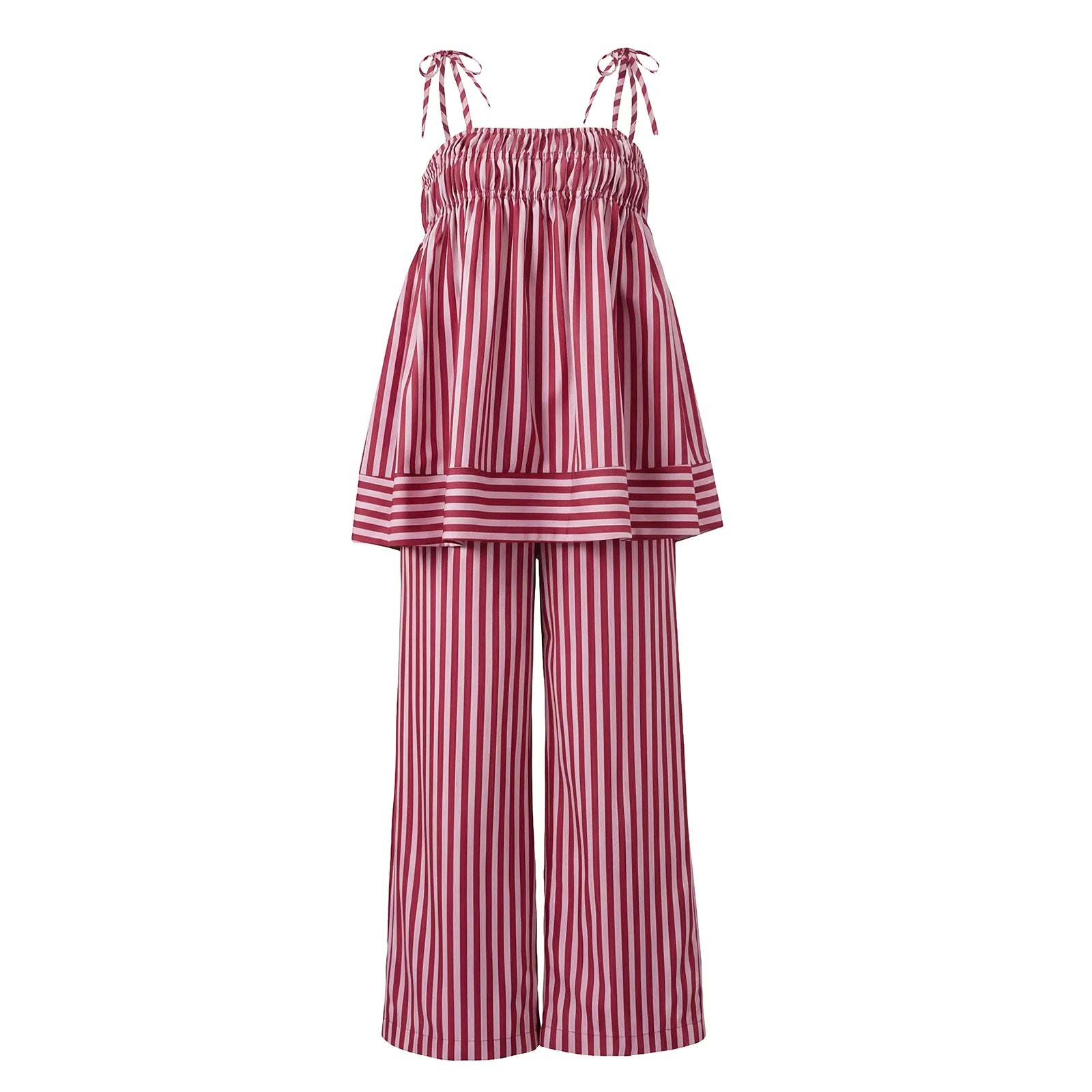 Striped Two Piece Pajama Set With Tie Shoulder Tank Top And Straight Pants