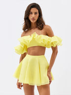 Elegant Y2K Sweet Style Ruched Tank Tops+Petal Sleeve Cover Women Lace-Up Halter