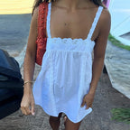 Lace Trim Mini Dress With Ruffle Babydoll Silhouette Spaghetti Strap Boho Sundress