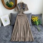Vintage Inspired Turn Down Collar Knit Maxi Shirt Dress