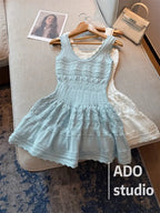 A Line Dress With Ruffled Knitted Vest For Women French Style