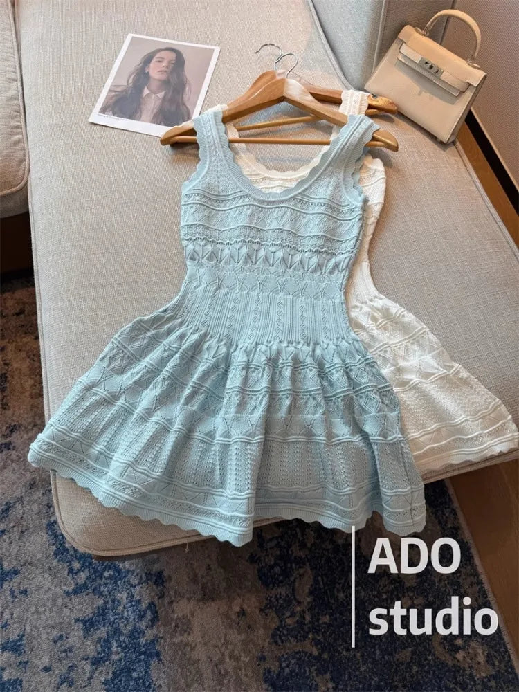 A Line Dress With Ruffled Knitted Vest For Women French Style