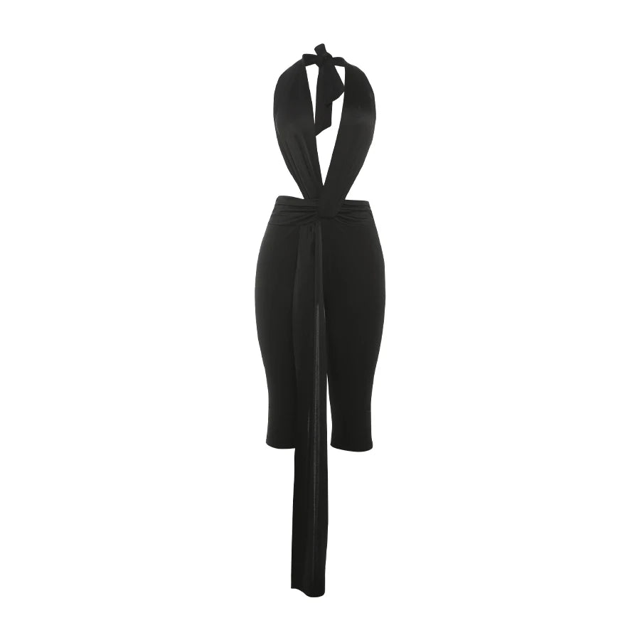 Midnight Patchwork Halter Romper Backless Slim Fit