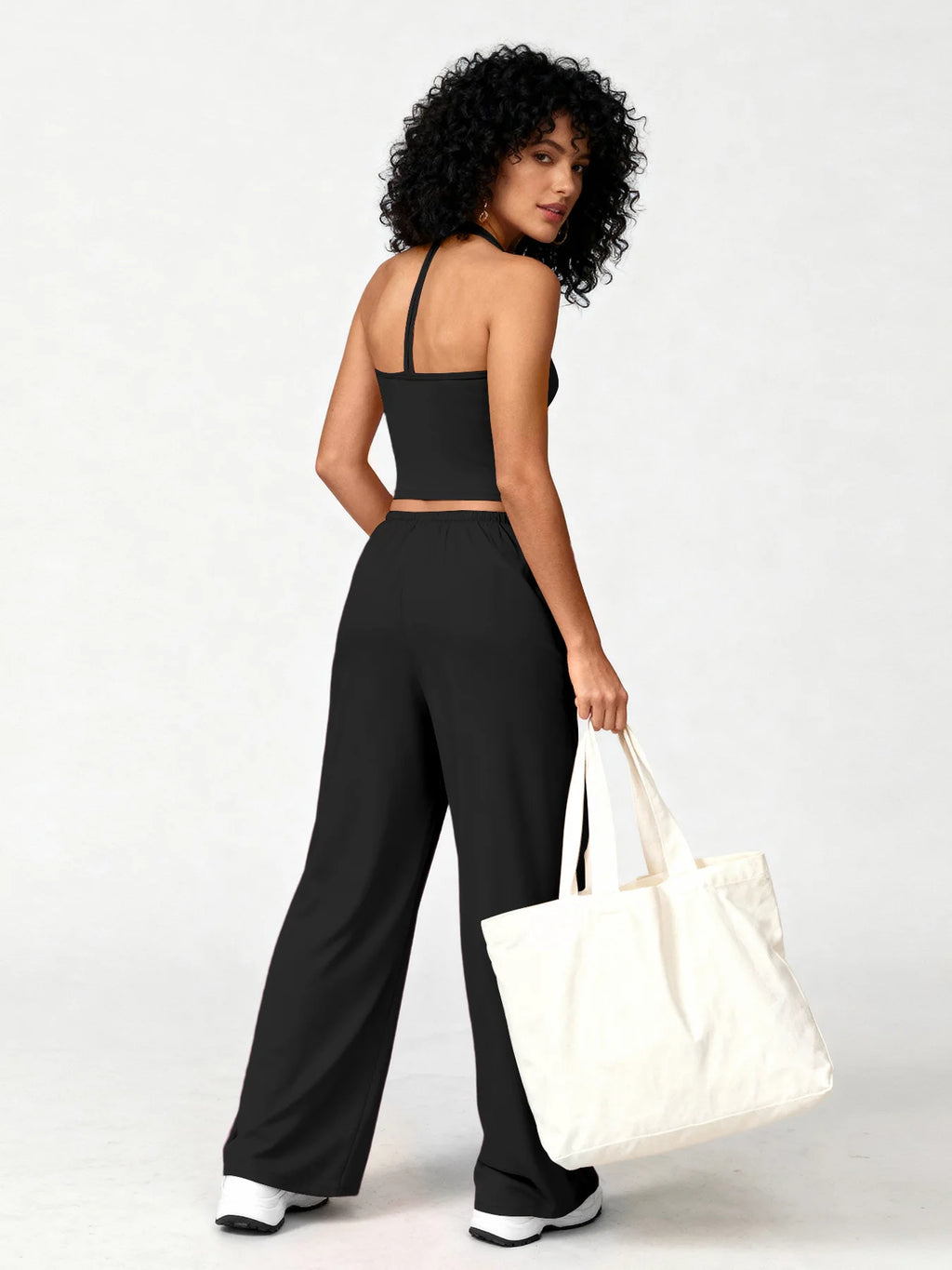 Two Piece Set With Sleek V Neck Tank Backless Detail And Wide Leg Pants