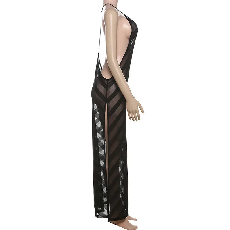 Mesh Halter Maxi Dress With See Through Bodice Sleeveless Backless
