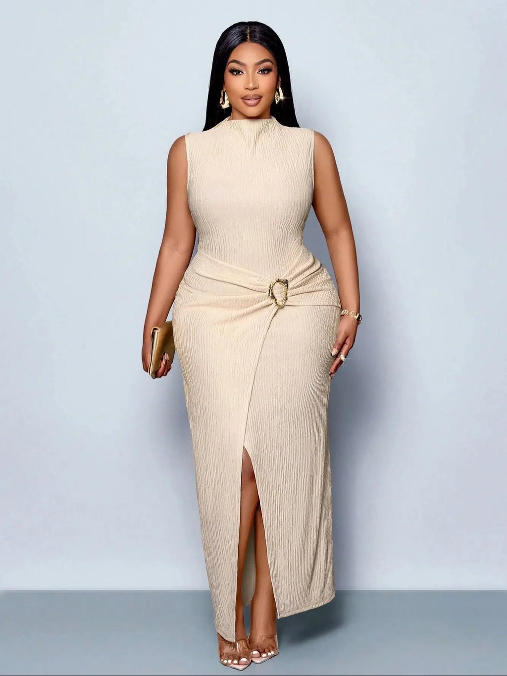 Plus Size High Neck Sleeveless Split Twist Textured Floor Length Knit Dress