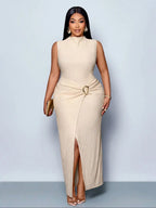 Plus Size High Neck Sleeveless Split Twist Textured Floor Length Knit Dress