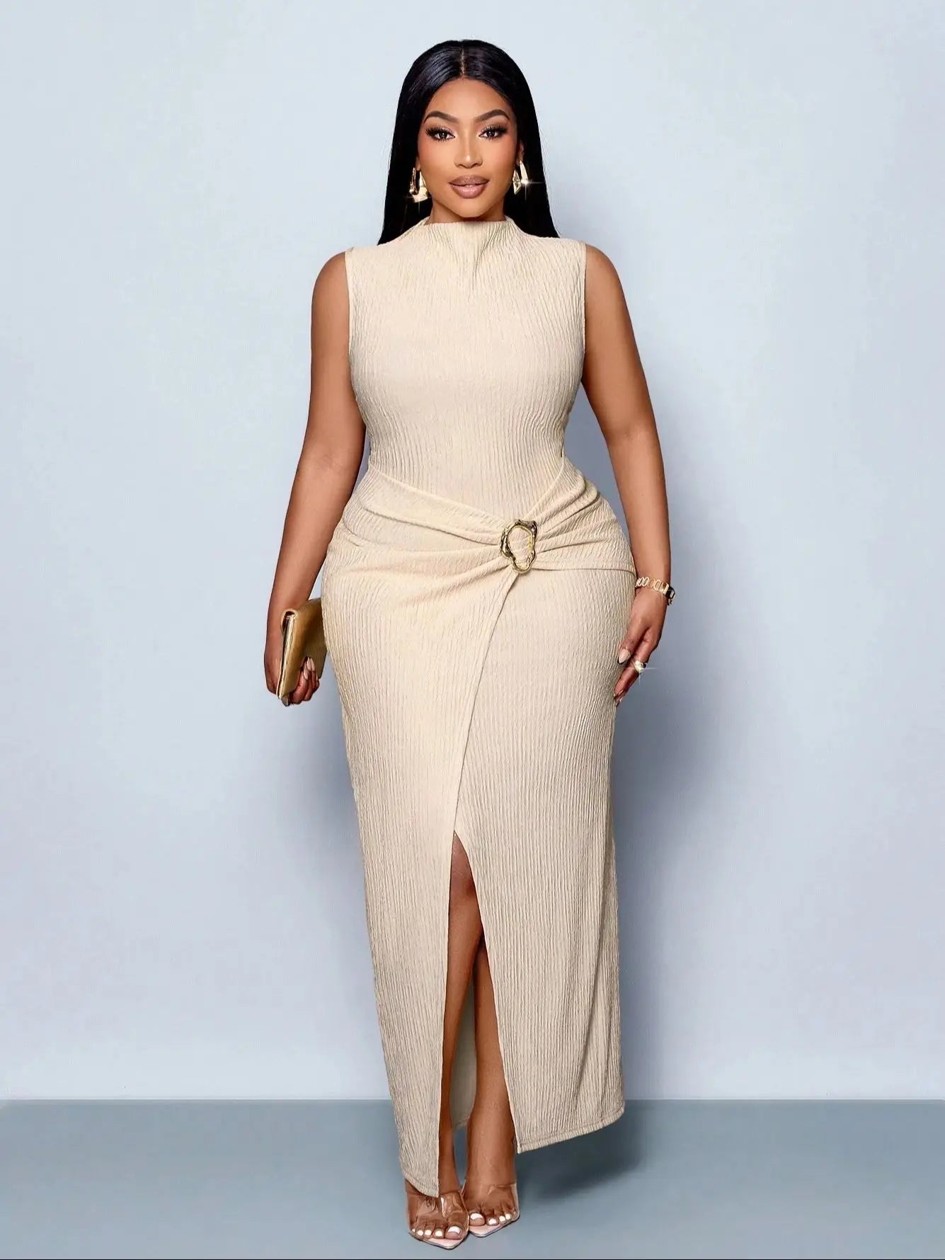 Plus Size High Neck Sleeveless Split Twist Textured Floor Length Knit Dress