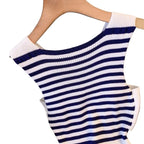 Blue White Striped Crisscross Halter Sundress With Gold Button Detail Stretch Knit Bodycon Mini