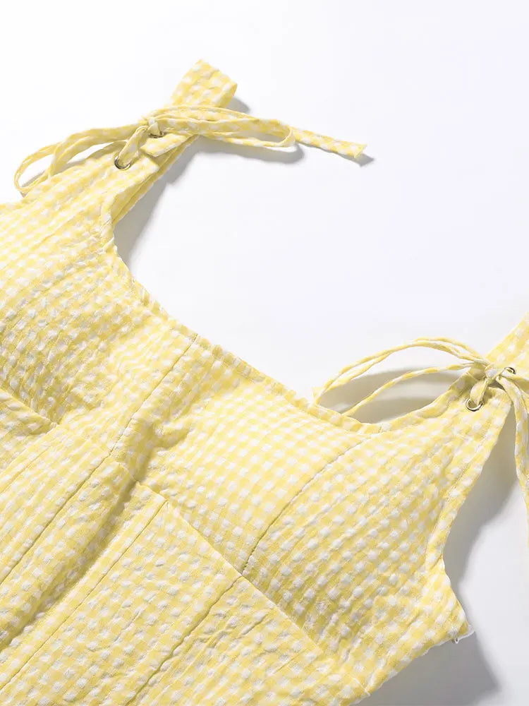 Sunny Plaid Sling Top With Ruffles V Neck Sleeveless