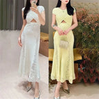 Lace Collar Splice Dress Slimming Fish Tail Gown