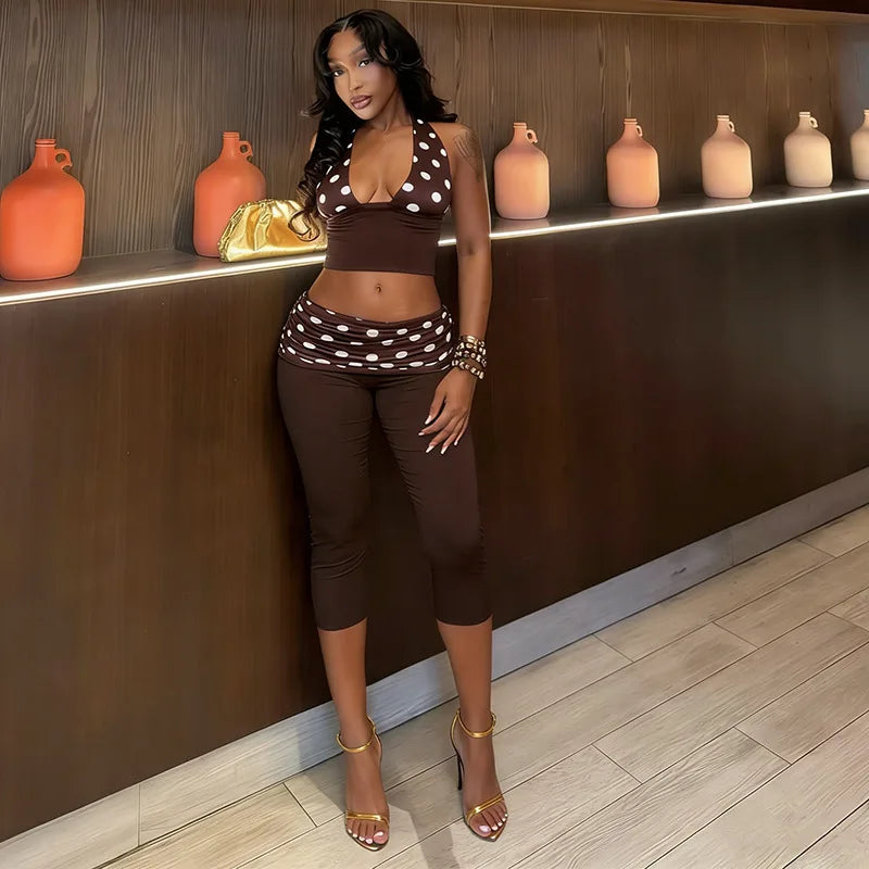 Patchwork Polka Dot Print Two Piece Set With Backless Halter Crop Top And Pleated Waist Capri Pants