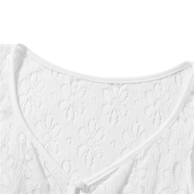Sheer Lace Mini Dress With V Neck Short Sleeves Hollow Details