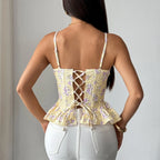 Floral Print Coquette Crop Corset Top With Spaghetti Straps And Ruffle Hem