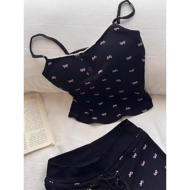 Bow Pajamas Set For Women Two Piece Summer Sleepwear With Tank Top And Shorts Lounge Ensemble
