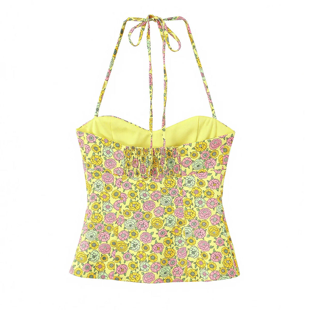 Floral Halter Backless Two Piece Set With Slim Vest And Mini Shorts For Summer