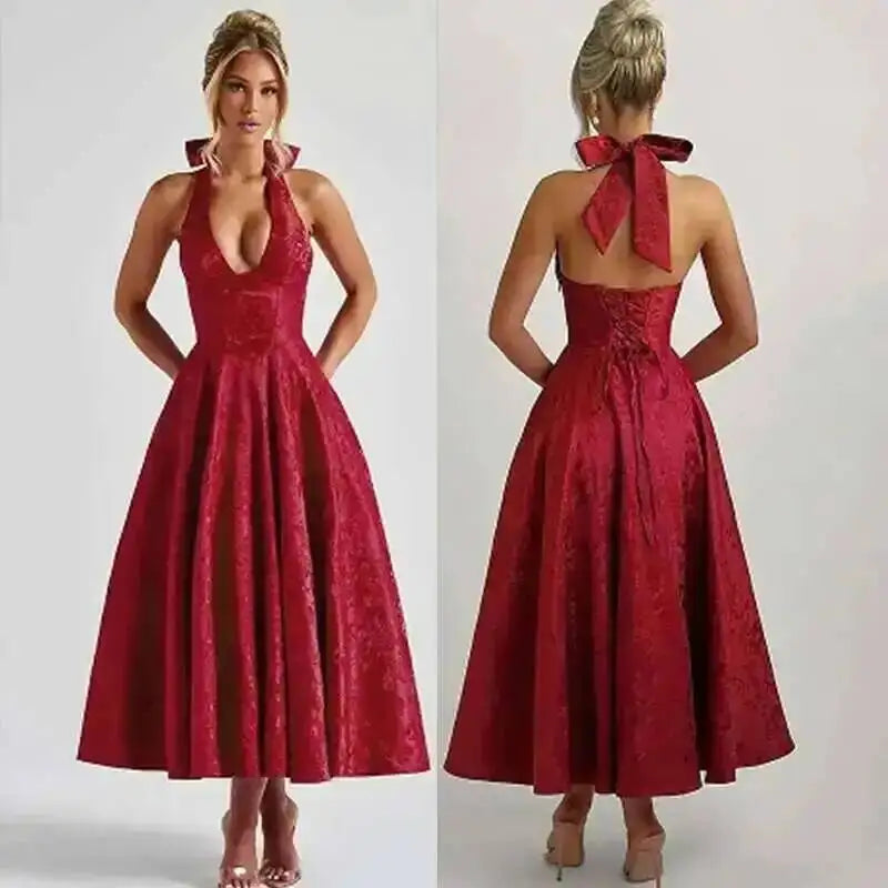 Backless Halter Evening Dress With Lace Jacquard For Elegant Special Occasions