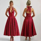 Backless Halter Evening Dress With Lace Jacquard For Elegant Special Occasions