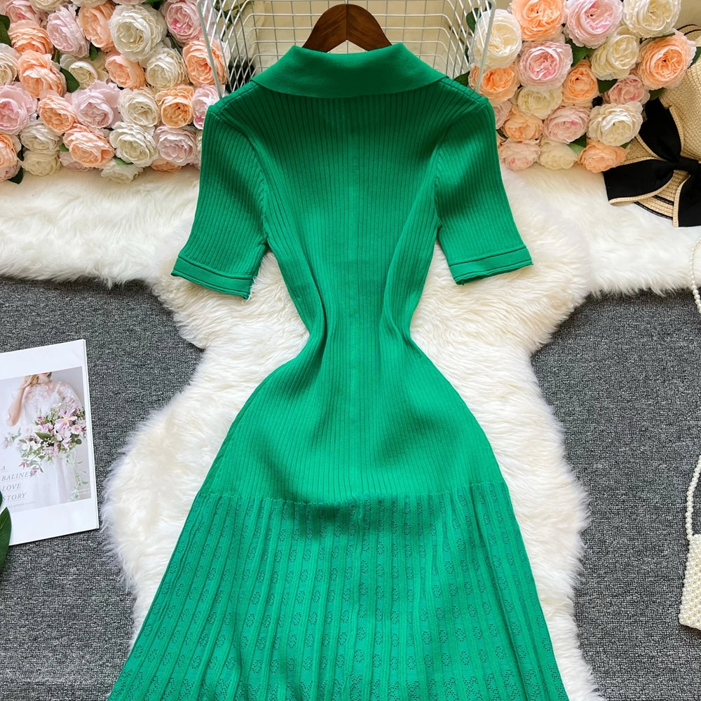Vintage Inspired Turn Down Collar Knit Maxi Shirt Dress