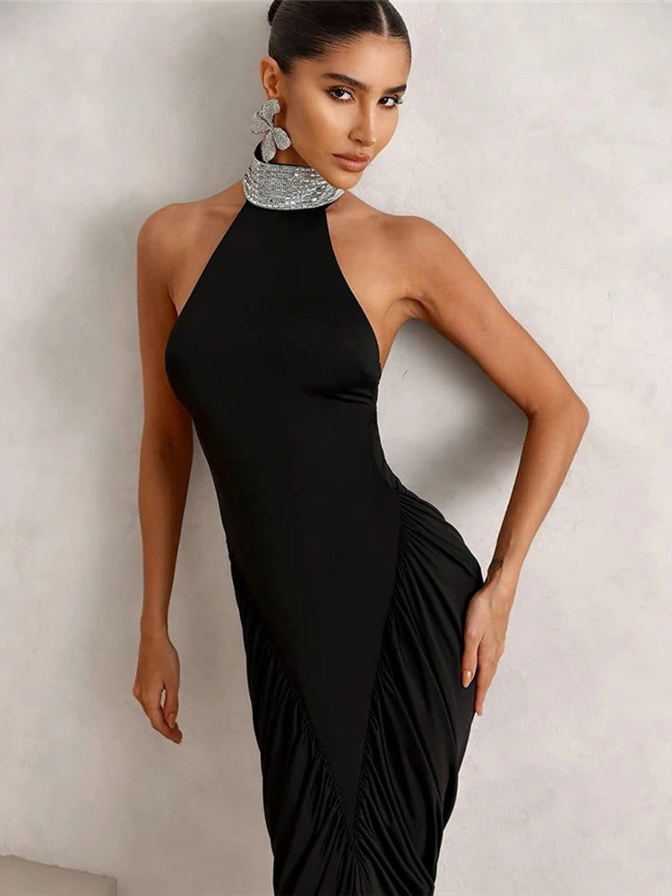 Elegant Backless Halter Ruched Long Dress With Striped Detailing