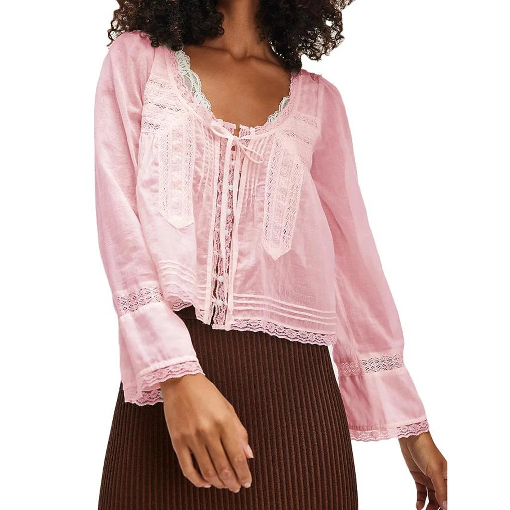 Dreamy Lace Patchwork Sheer Long Sleeve Blouse With Square Neck And Tie Front Crop Top