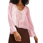 Dreamy Lace Patchwork Sheer Long Sleeve Blouse With Square Neck And Tie Front Crop Top