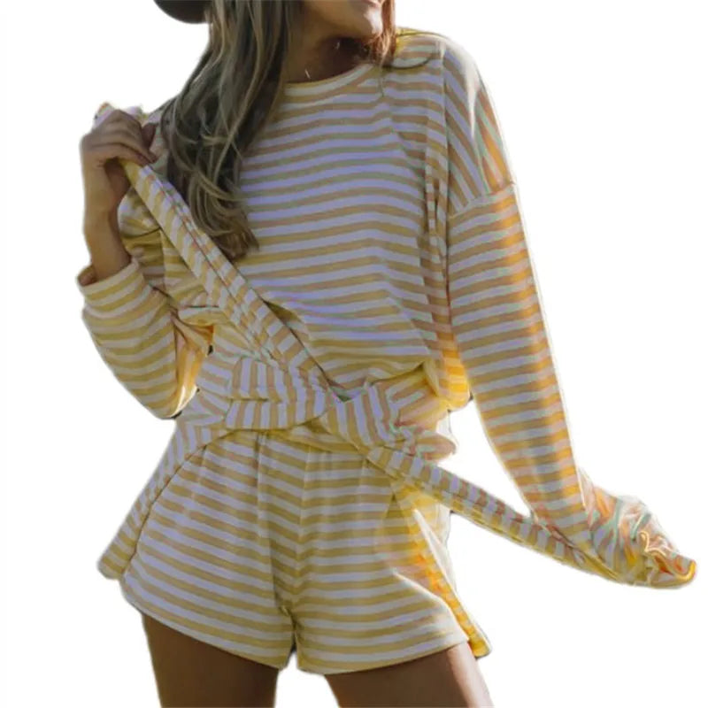 Cozy Striped Knit Lounge Set With Oversized Top And Shorts For Relaxed Comfort Everyday