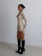 Sexy Lace Mini Dress With Sheer Panels Hollow Out Details Turtleneck Flare Sleeves Bodycon Style