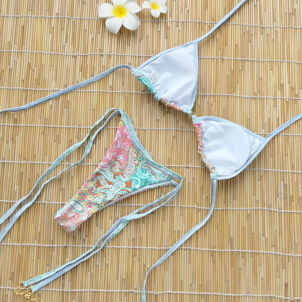 Retro Green Floral Bikini Set With Push Up Top And Cheeky Thong Bottom