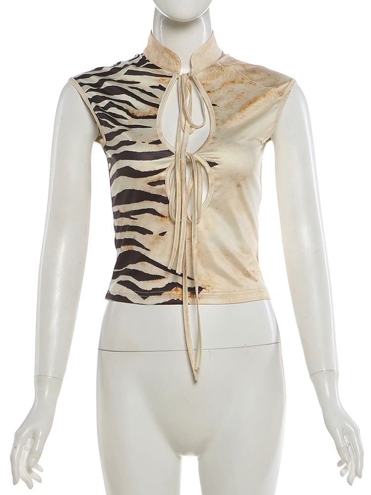 Tiger Print Top With Standing Collar And Tassel Details