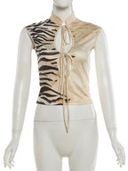 Tiger Print Top With Standing Collar And Tassel Details
