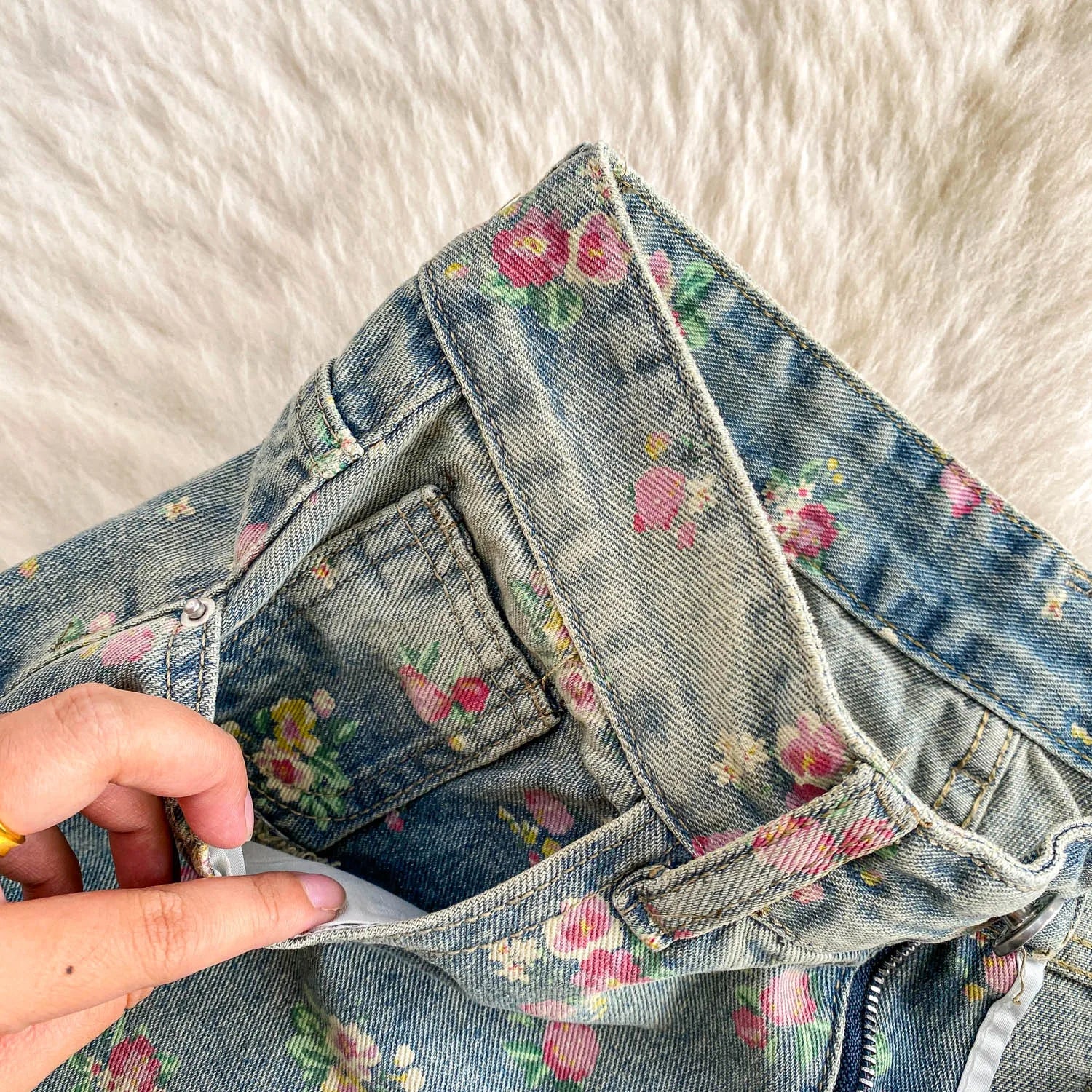 Floral Dream Denim Pants With Wide Leg Silhouette And High Waist