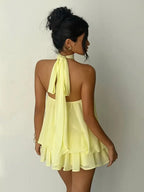 Women's Halter Neck Chiffon Mini Dress - Backless Tie-Front