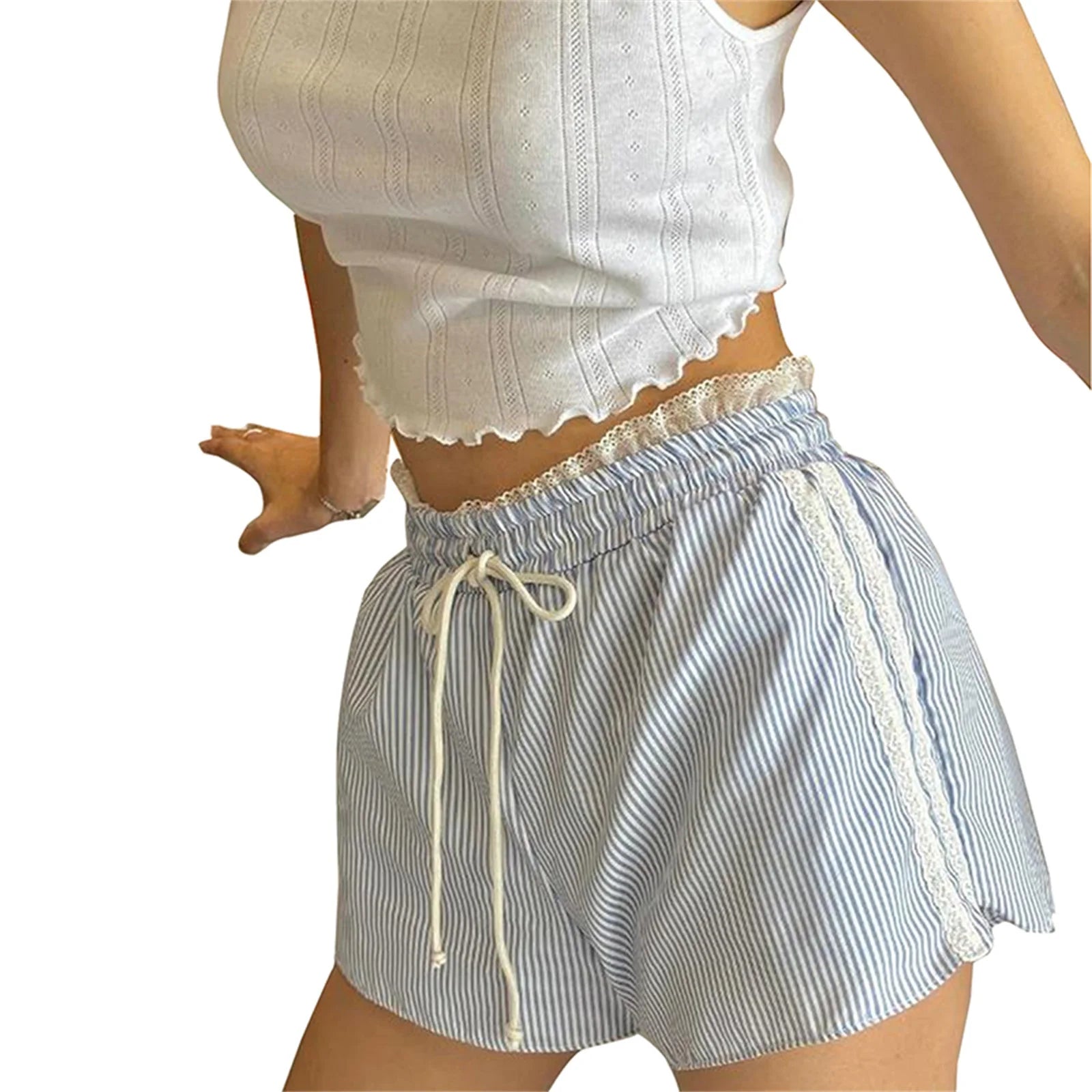 Vintage Kawaii Ruffles Lace Trim Striped Shorts With Drawstring For Cozy Cottagecore