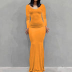Long Sleeve Dress With Slim Silhouette And Flowing Maxi Skirt
