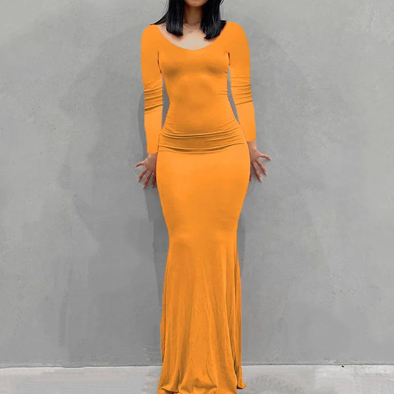 Long Sleeve Dress With Slim Silhouette And Flowing Maxi Skirt