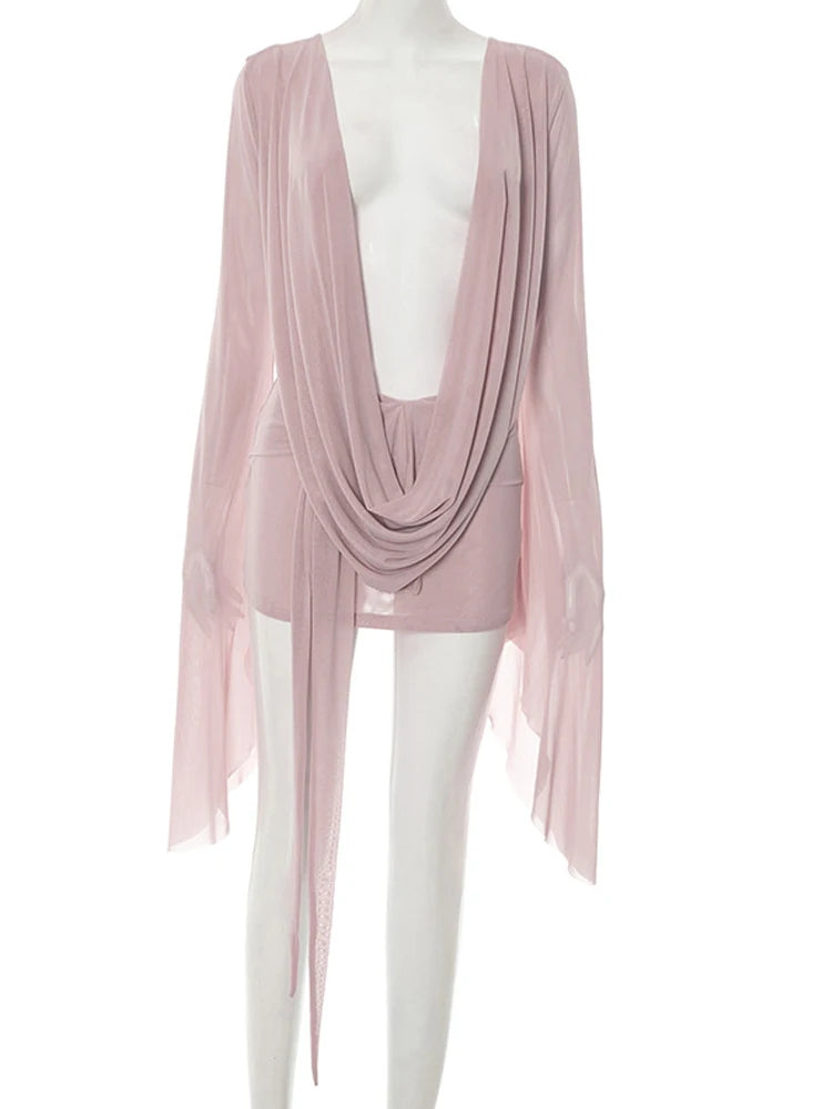 Ruched Sheer Mesh Dress With Flare Sleeves V Neck
