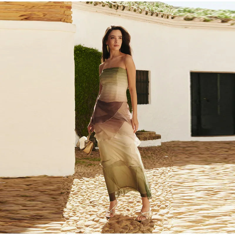 Gradient Flowy Chiffon Three Piece Set With Tube Top Tiered Skirt And Sheer Scarf