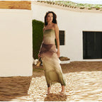 Gradient Flowy Chiffon Three Piece Set With Tube Top Tiered Skirt And Sheer Scarf