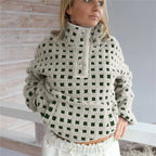 Cozy Checkered Sherpa Long Sleeve Pullover With Stand Collar