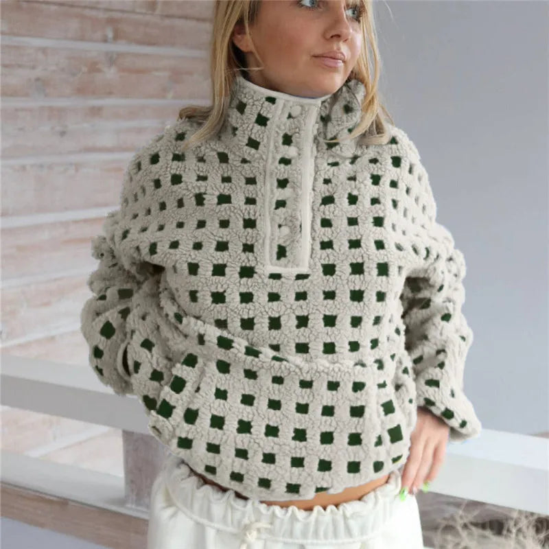 Cozy Checkered Sherpa Long Sleeve Pullover With Stand Collar