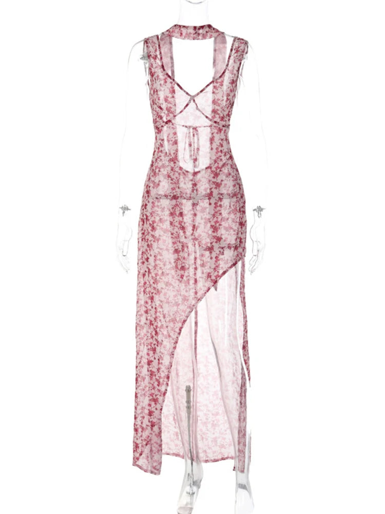 Floral Lace Up Chiffon Maxi Dress With Side Slit Backless