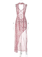 Floral Lace Up Chiffon Maxi Dress With Side Slit Backless