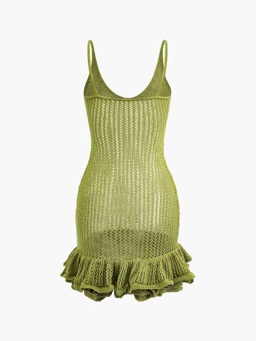 Open Knit Crochet Cami Mini Dress With Ruffle Hem