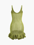 Open Knit Crochet Cami Mini Dress With Ruffle Hem