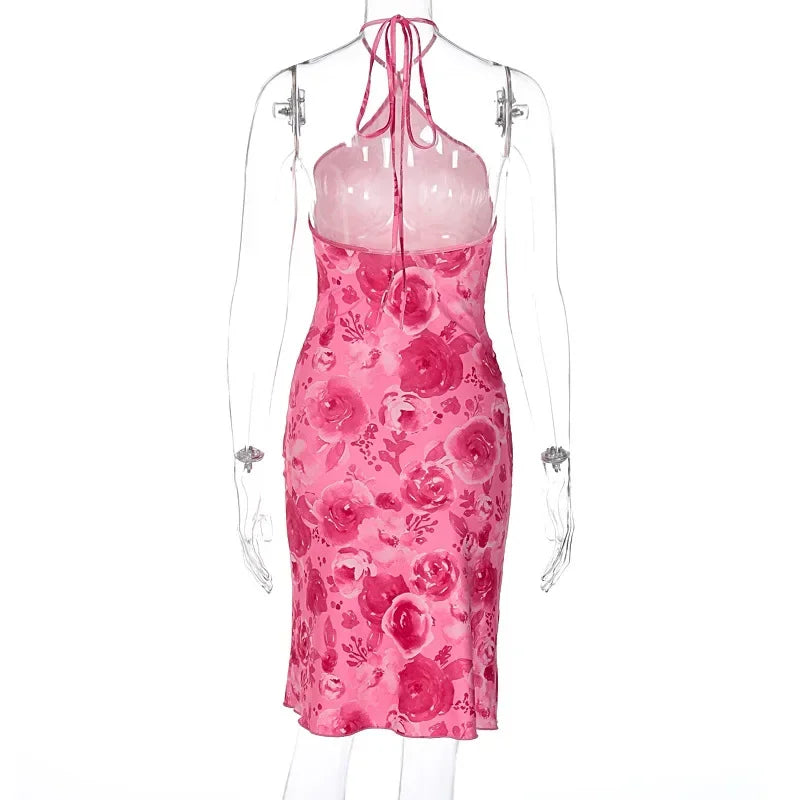 Floral Print Halter Dress With Backless Bodice Sleeveless Bodycon