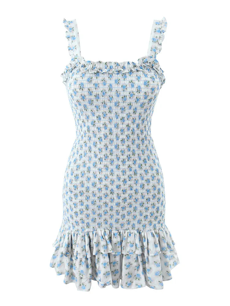 Flower Print Corset Ruched Elastic Body Sling Mini Square Collar Ruffles Hem Dress